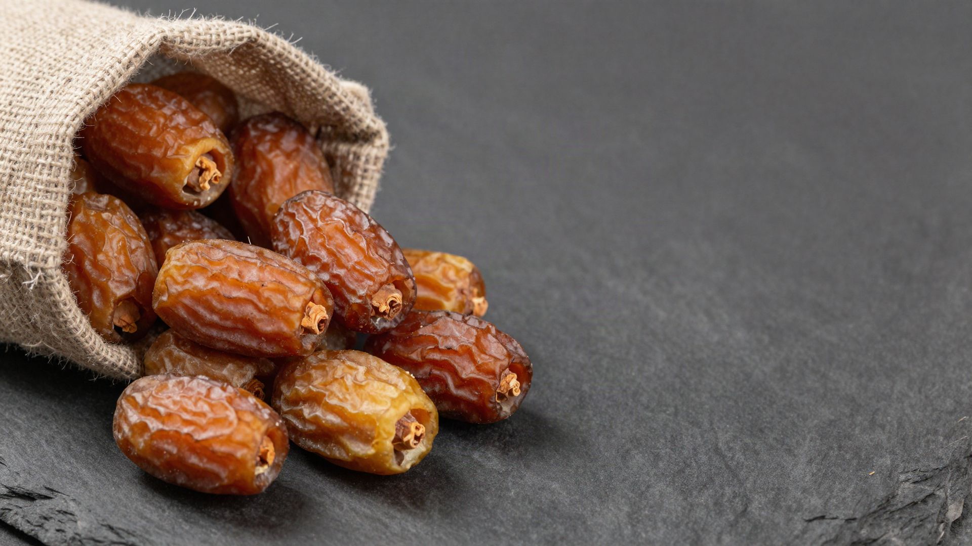 Dry dates spilling from a jute sack
