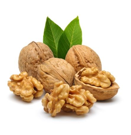 Walnuts with kernels and green leaves